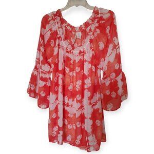 Forgotten Grace XL Orange and White Floral Sheer Ruffle Boho Top
